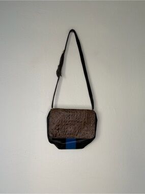 Clare V. Black Leather Croc-Embossed Flap Crossbody with Blue Racing Stripe